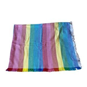 Vintage Mid-Century Modern Striped Rainbow Square Fringe Trim Tablecloth 50"x66"